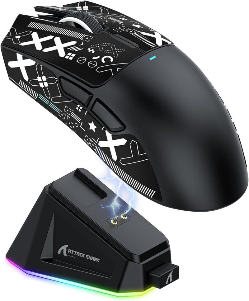 ماجيك-ريفاينر Attack Shark X11 59g ماوس ألعاب لاسلكي فائق الخفة مع شريط قبضة وقاعدة شحن RGB، ماوس كمبيوتر لاسلكي/سلكي BT/2.4G، 22000 DPI، 5 أزرار قابلة للبرمجة للكمبيوتر/ماك (أسود) - Image 1