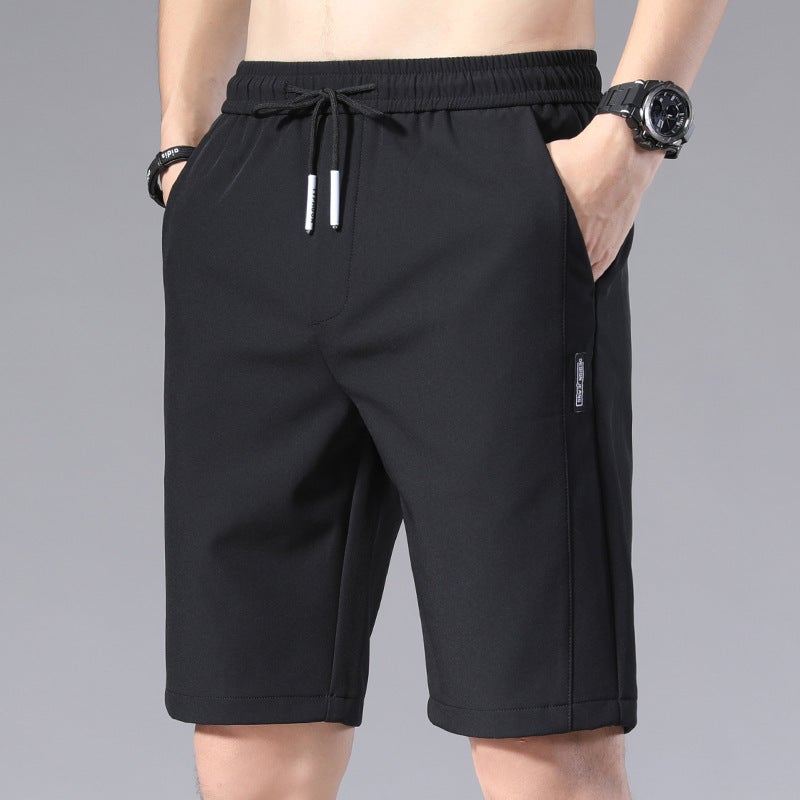 Ice Silk Shorts Mens 2023 Summer New Korean Style Loosen Stretch Stitching Labeling Beach Five-point Pants Black - Image 1