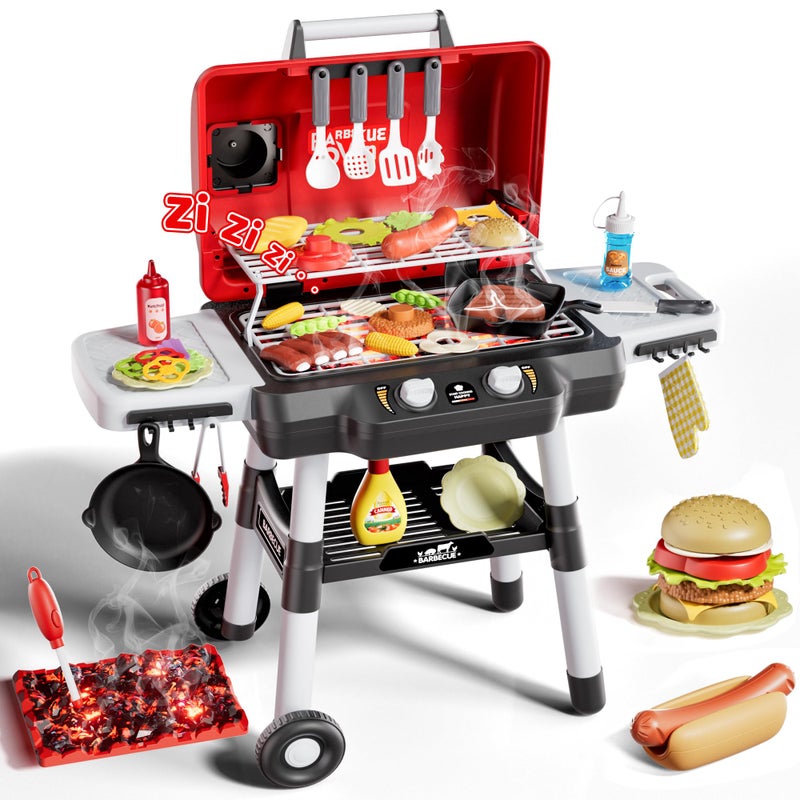 Zsinb Kids Play Kitchen Toys, Kids BBQ Grill Playsetï¼Œ2-Tier Barbecue Toy with Wheels, Smoke Sound Light, Outdoor Play Food Toys Cooking Set, Birthday Gift for Toddlers 3-5 - Image 1