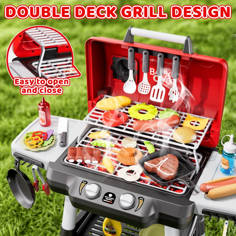 Zsinb Kids Play Kitchen Toys, Kids BBQ Grill Playsetï¼Œ2-Tier Barbecue Toy with Wheels, Smoke Sound Light, Outdoor Play Food Toys Cooking Set, Birthday Gift for Toddlers 3-5 - Image 2