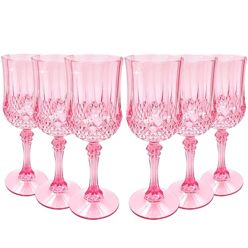 JUSONEY 7oz Vintage Plastic Wine GlassesCrystal Textured Plastic GobletsDisposable Wine Glasses for PartiesWeddingsElegant Events6Pink - Image 1