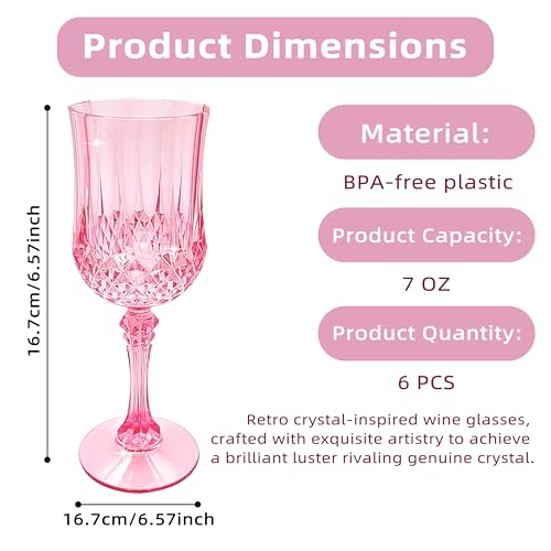 JUSONEY 7oz Vintage Plastic Wine GlassesCrystal Textured Plastic GobletsDisposable Wine Glasses for PartiesWeddingsElegant Events6Pink - Image 3