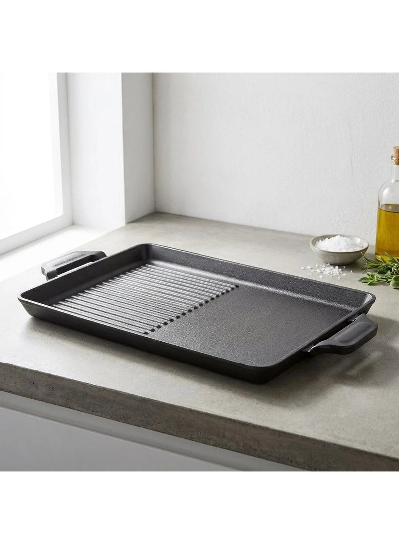 Chef's Delight مقلاة الشيف المتعددة للشواء 30x22 سم - مقلاة شواء من الحديد الزهر متينة للطهي المثالي، سطح غير لاصق، مثالية للشواء الداخلي والخارجي، سوداء - Image 1