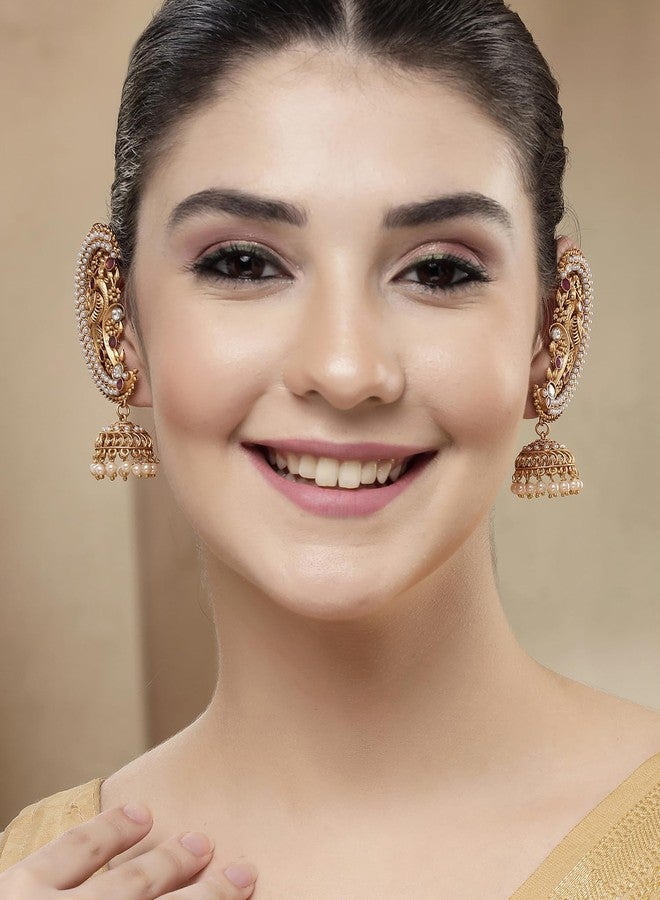 كارات كارت أقراط جومكي تقليدية مطلية بالذهب من كارات كارت، بتصميم طاووس معبد، مزينة بقطرات من اللؤلؤ للنساء - Image 3