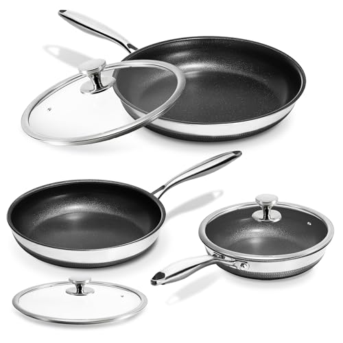 KOKHUB Nonstick Frying Pans with Lids, 8", 10", 12" Titanium Ceramic Tri-Ply Stainless Steel Skillet Set, Non-Toxic, PFAS/PFOA/PTFE Free, Dishwasher & Oven Safe, Induction Compatible - Image 1