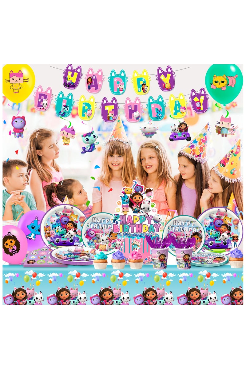 Gabby Dollhouse Party Decoration for 10 Guests, Gabby Birthday Disposable Tableware Set Gabby Dollhouse Birthday Party Plates Cups Napkins Gabby Dollhouse Party Balloons Banner