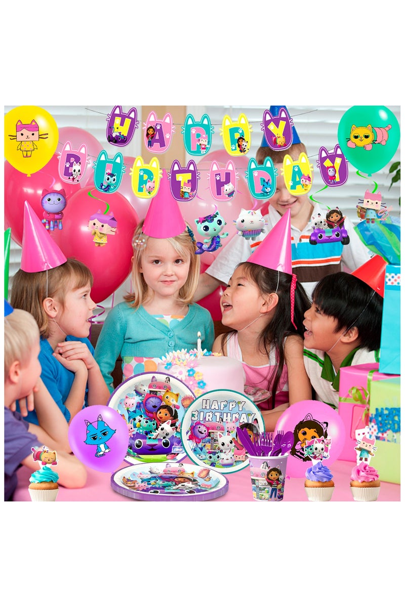 Gabby Dollhouse Party Decoration for 10 Guests, Gabby Birthday Disposable Tableware Set Gabby Dollhouse Birthday Party Plates Cups Napkins Gabby Dollhouse Party Balloons Banner