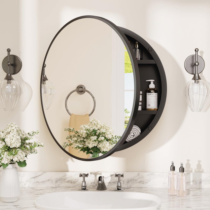 TETOTE 20 x 20 Inch Medicine Cabinet Mirror Black Framed Round Mirrored Medicine Cabinets for Bathroom Adjustable Shelves Modern Bathroom Mirror with Storage Wall Mounted - Image 1