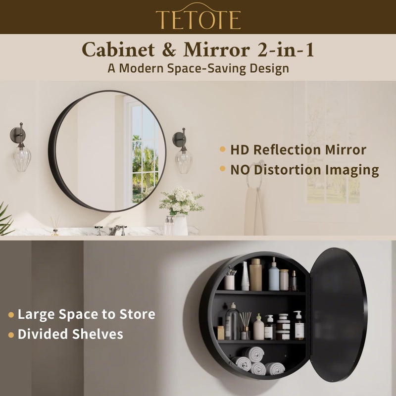TETOTE 20 x 20 Inch Medicine Cabinet Mirror Black Framed Round Mirrored Medicine Cabinets for Bathroom Adjustable Shelves Modern Bathroom Mirror with Storage Wall Mounted - Image 2