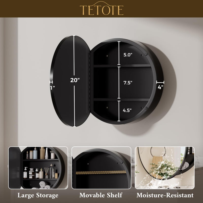 TETOTE 20 x 20 Inch Medicine Cabinet Mirror Black Framed Round Mirrored Medicine Cabinets for Bathroom Adjustable Shelves Modern Bathroom Mirror with Storage Wall Mounted - Image 3