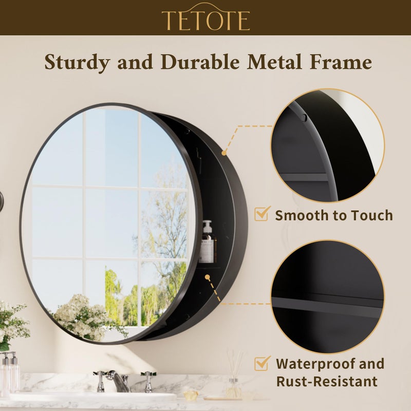 TETOTE 20 x 20 Inch Medicine Cabinet Mirror Black Framed Round Mirrored Medicine Cabinets for Bathroom Adjustable Shelves Modern Bathroom Mirror with Storage Wall Mounted - Image 5