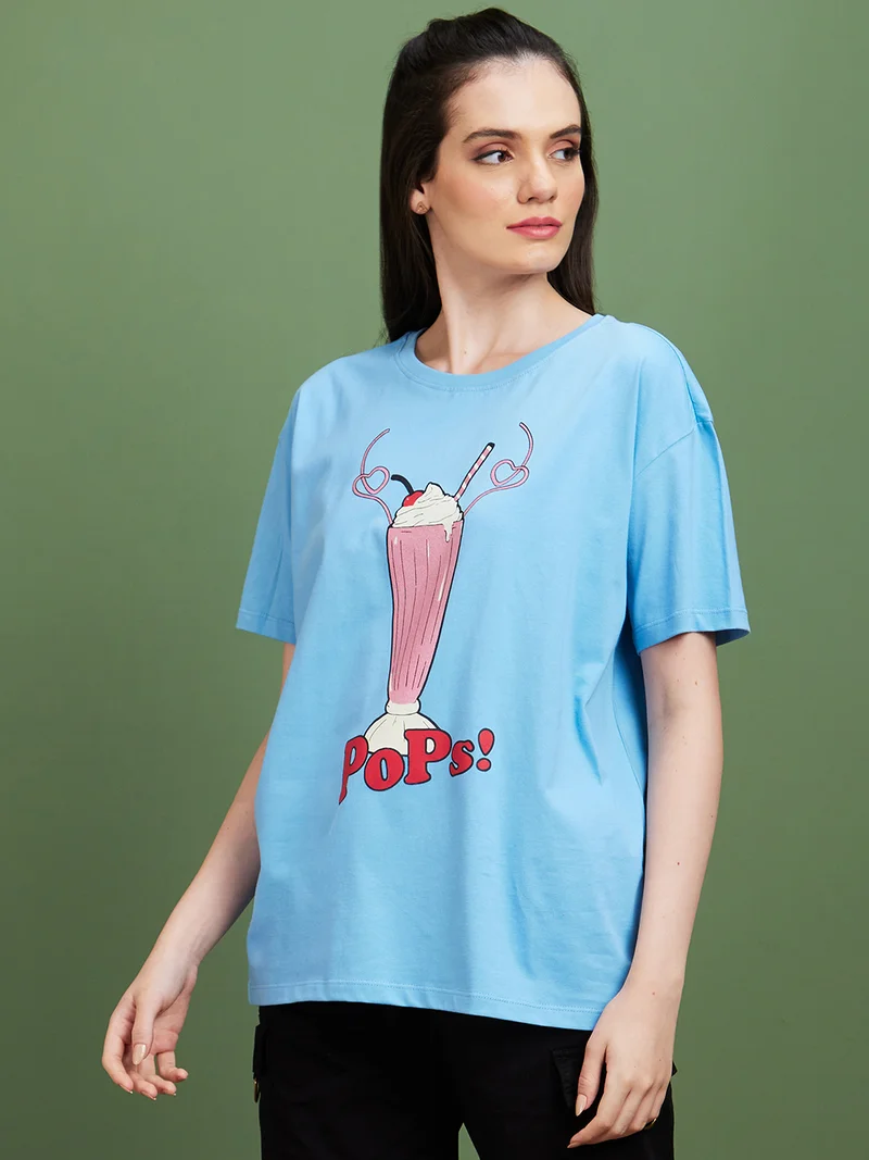 globus Globus Women Blue Humour And Comic Printed Round Neck Drop-Shoulder Sleeves Boxy Cotton T-Shirt
