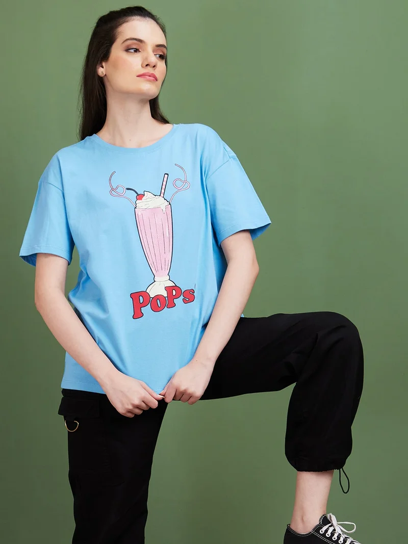 globus Globus Women Blue Humour And Comic Printed Round Neck Drop-Shoulder Sleeves Boxy Cotton T-Shirt