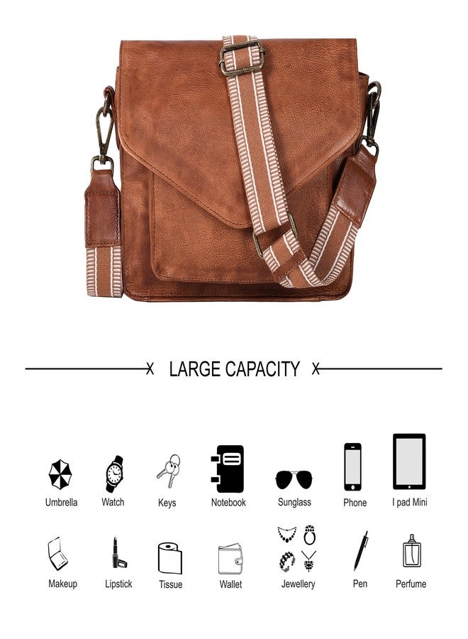 Ozora Leather Flapover Crossbody Handbag Purse for Women with Adjustable Strap & Overflap Snap Closure Tote/Bag (Tan web) - Image 5