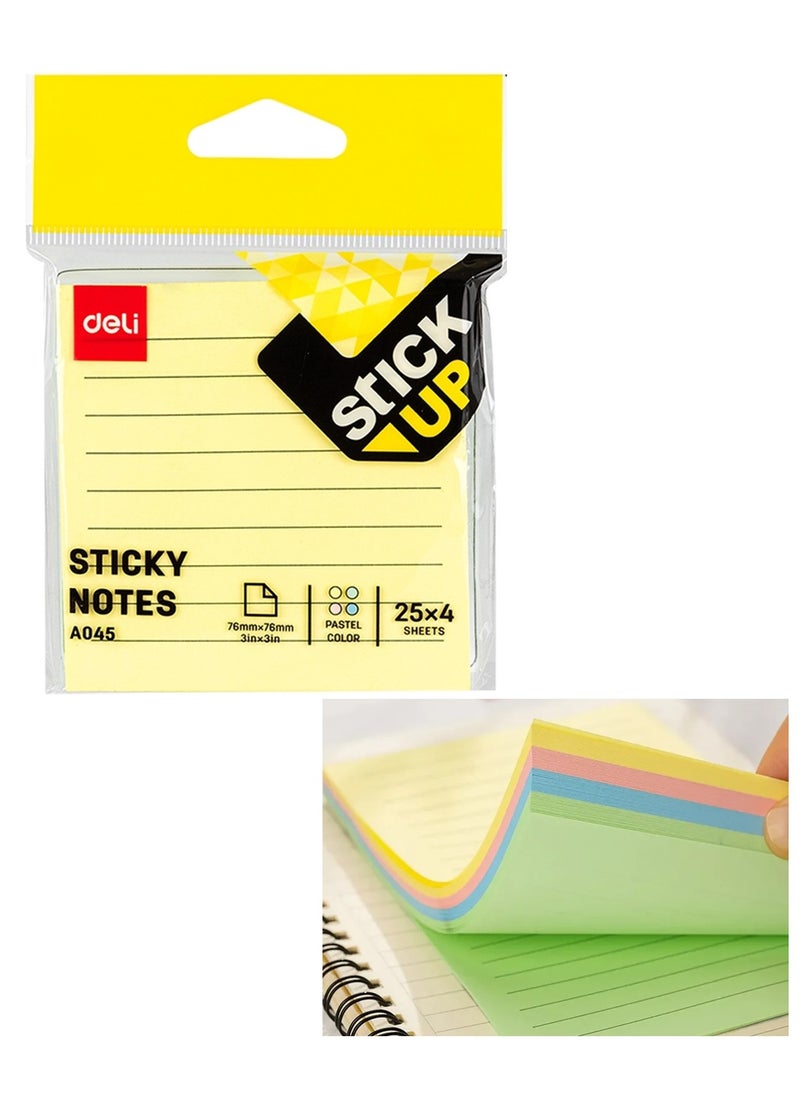 Deli 100-Sheet Lined Sticky Notes Pastel Colours 3x3 Inch Size  - Image 1