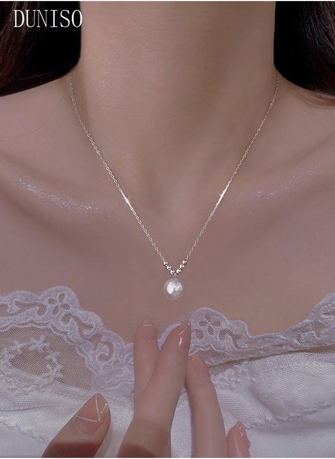 DUNISO Pearl Necklace 925 Sterling Silver Choker Necklace Silver Choker Chain Pearl Pendant Necklace Simple Necklace Chain Jewelry for Women Teen Girls  - Image 4