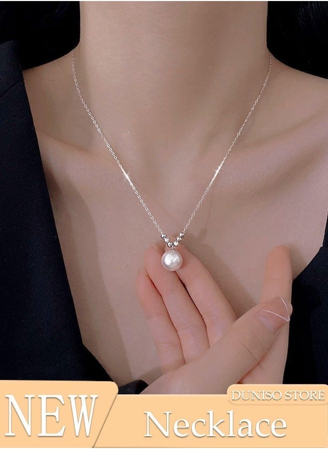 DUNISO Pearl Necklace 925 Sterling Silver Choker Necklace Silver Choker Chain Pearl Pendant Necklace Simple Necklace Chain Jewelry for Women Teen Girls  - Image 3