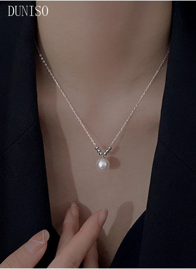 DUNISO Pearl Necklace 925 Sterling Silver Choker Necklace Silver Choker Chain Pearl Pendant Necklace Simple Necklace Chain Jewelry for Women Teen Girls  - Image 5
