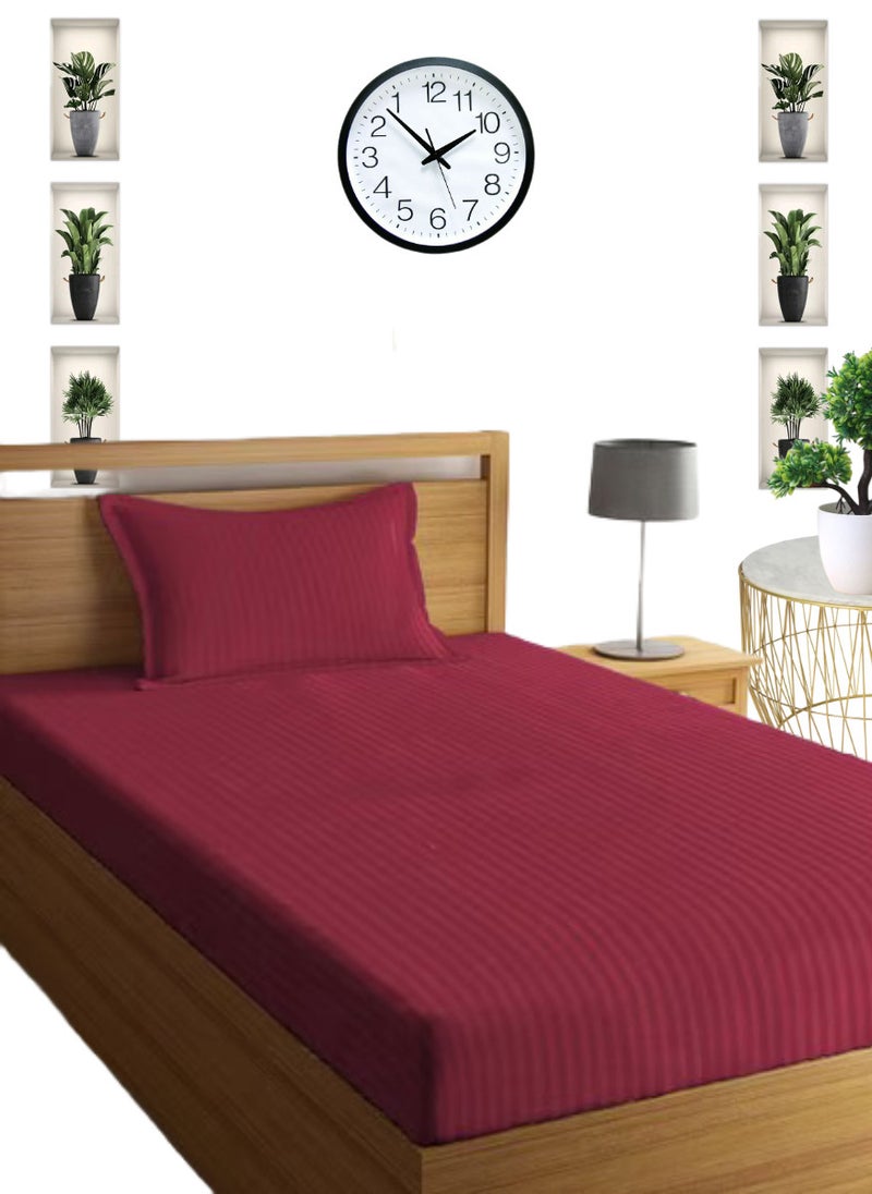 Blueberry Maroon Single Size Stripe Bed Sheet Set Cotton 100x200+15cm  - Image 1