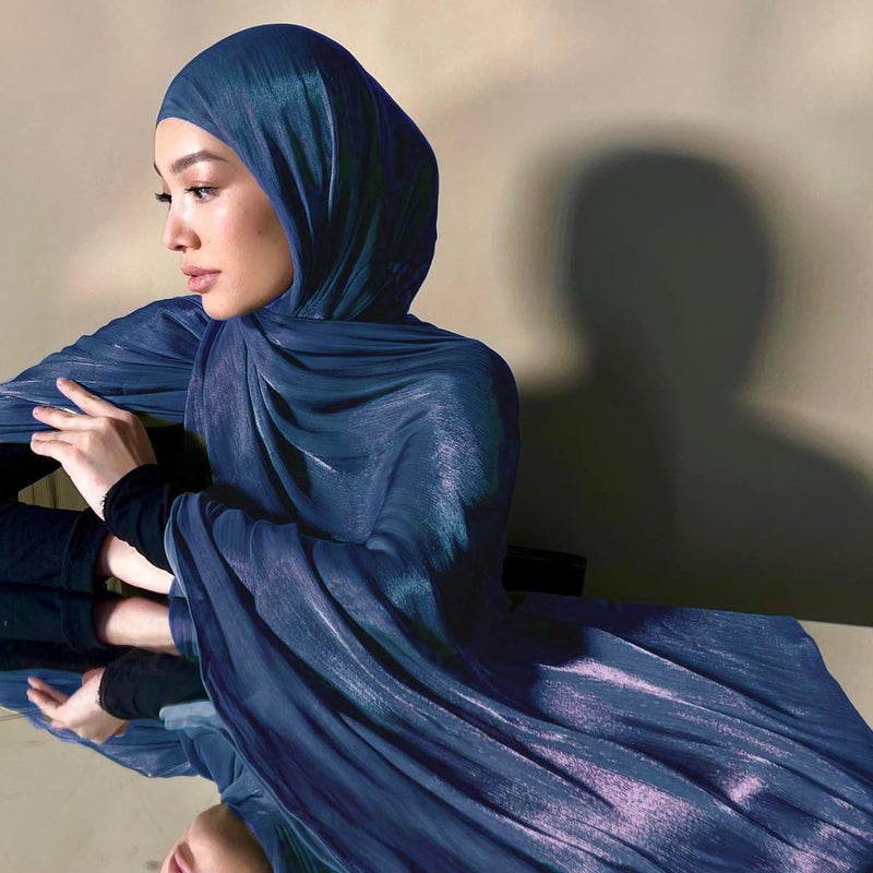 HURESON Women Premium Hijab Head Scarf Lightweight Shimmer Scarves Crepe Wedding Shawls and Wraps for Evening Dresses Shiny (Deep blue) - Image 5