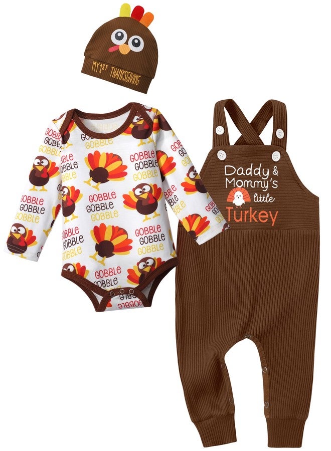Aulyffo Thanksgiving Baby Boy Outfit 9-12 Months Long Sleeve Romper+Suspender Pants+Turkey Hat 3PCS Thanksgiving Baby Boy Clothes - Image 1