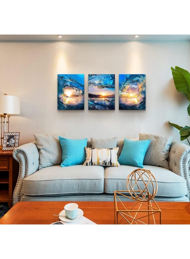 DZRWUBHS Sunrise Ocean Waves Canvas Wall Art For Living Room Bedroom Wall Decor Office Wall Pictures Blue Sea View Wall Paintings Beach Canvas Prints Artwork Modern Bathroom Home Decor Art 12" X 16" 3 Pieces - Image 4