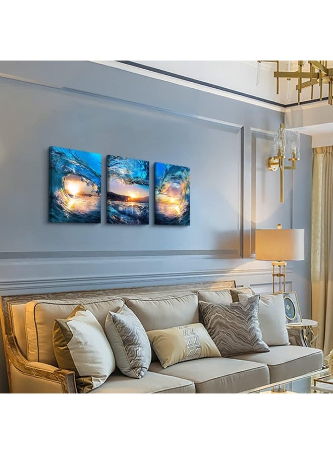 DZRWUBHS Sunrise Ocean Waves Canvas Wall Art For Living Room Bedroom Wall Decor Office Wall Pictures Blue Sea View Wall Paintings Beach Canvas Prints Artwork Modern Bathroom Home Decor Art 12" X 16" 3 Pieces - Image 2