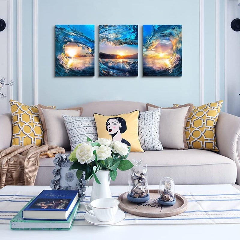 DZRWUBHS Sunrise Ocean Waves Canvas Wall Art For Living Room Bedroom Wall Decor Office Wall Pictures Blue Sea View Wall Paintings Beach Canvas Prints Artwork Modern Bathroom Home Decor Art 12" X 16" 3 Pieces - Image 3