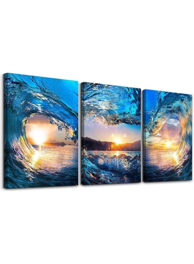 DZRWUBHS Sunrise Ocean Waves Canvas Wall Art For Living Room Bedroom Wall Decor Office Wall Pictures Blue Sea View Wall Paintings Beach Canvas Prints Artwork Modern Bathroom Home Decor Art 12" X 16" 3 Pieces - Image 1