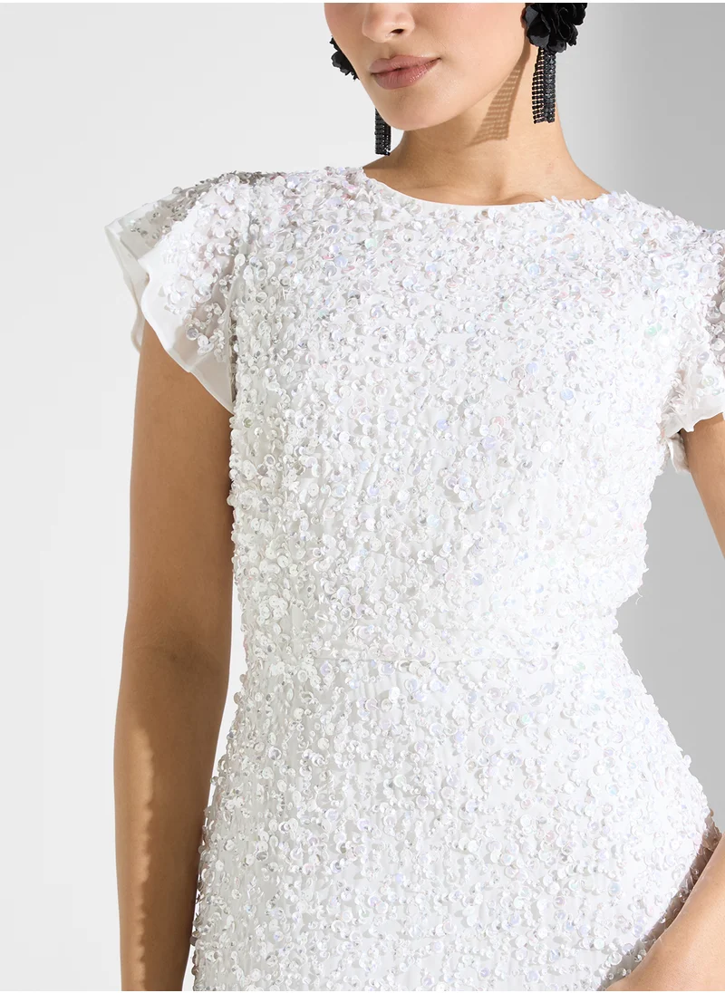 مايا All Over Encrusted Sequin Maxi Dress Ruffle Sleeve
