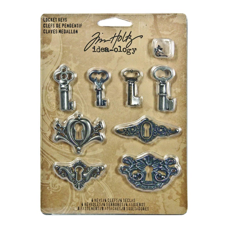 Tim Holtz Ideaology Metal Locket Keys with Fasteners 4 Keys and 4 Keyholes per Pack Various Sizes Antique Finishes TH92822
