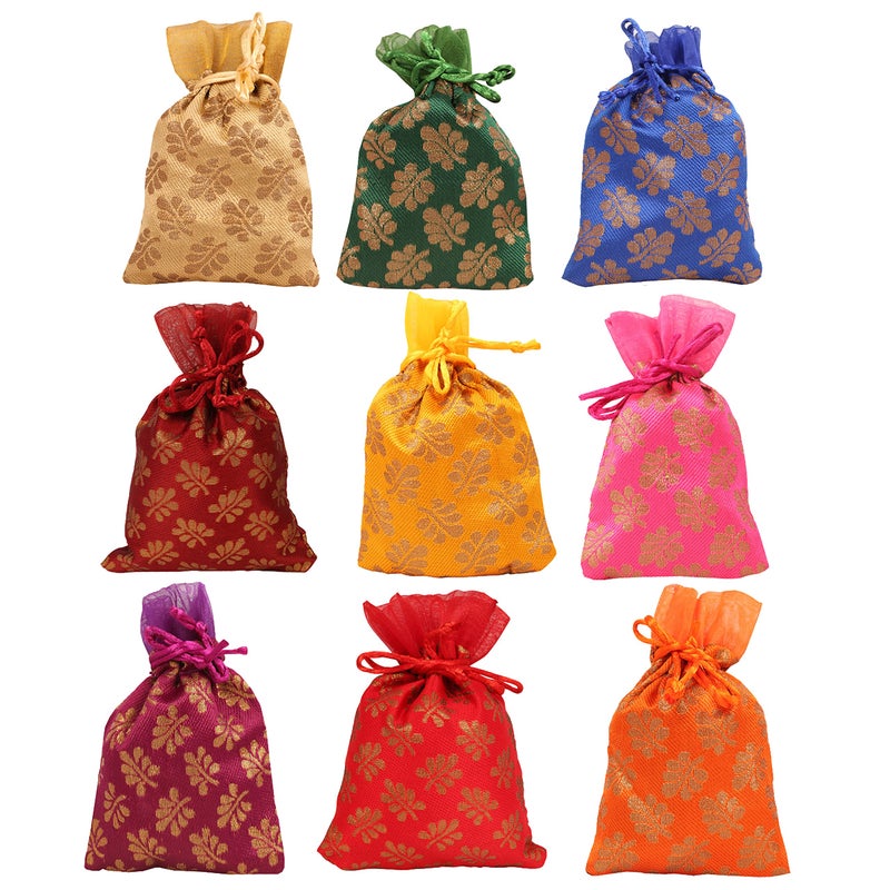 Touchstone Drawstring Bags Traditional Indian Handcrafted in Mimosa leaf Pattern Brocade fabric Perfect for Gifts Jewelry Weddings Sweet Distribution Set of 9 Vibrant Multicolor Pouches Purses Potli - Image 2