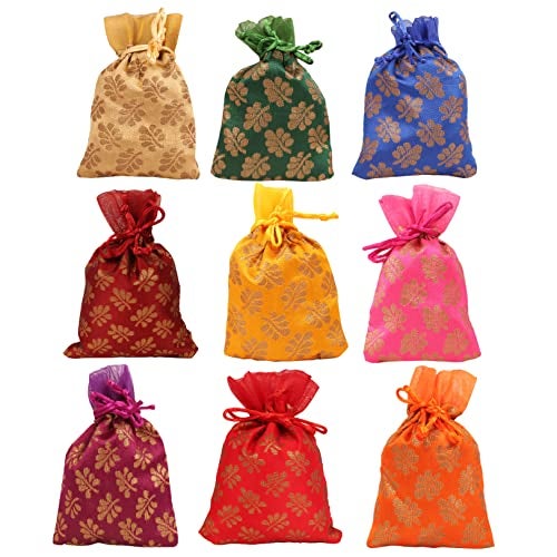 Touchstone Drawstring Bags Traditional Indian Handcrafted in Mimosa leaf Pattern Brocade fabric Perfect for Gifts Jewelry Weddings Sweet Distribution Set of 9 Vibrant Multicolor Pouches Purses Potli - Image 1