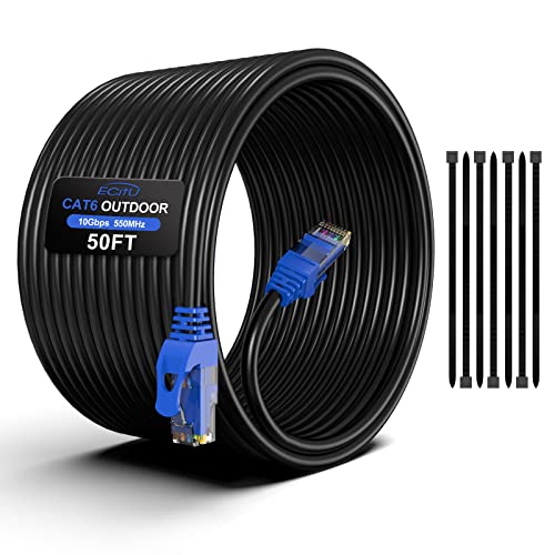 ecjtu 50FT Cat6 Outdoor Ethernet Cable, In-Ground, Heavy Duty Direct Burial, 24AWG CCA Patch Cord, POE, UTP, Waterproof, LLDPE UV Resistant, Network, Internet, LAN, Cat 6 Cable 50 Feet with 25 Cable Ties - Image 1