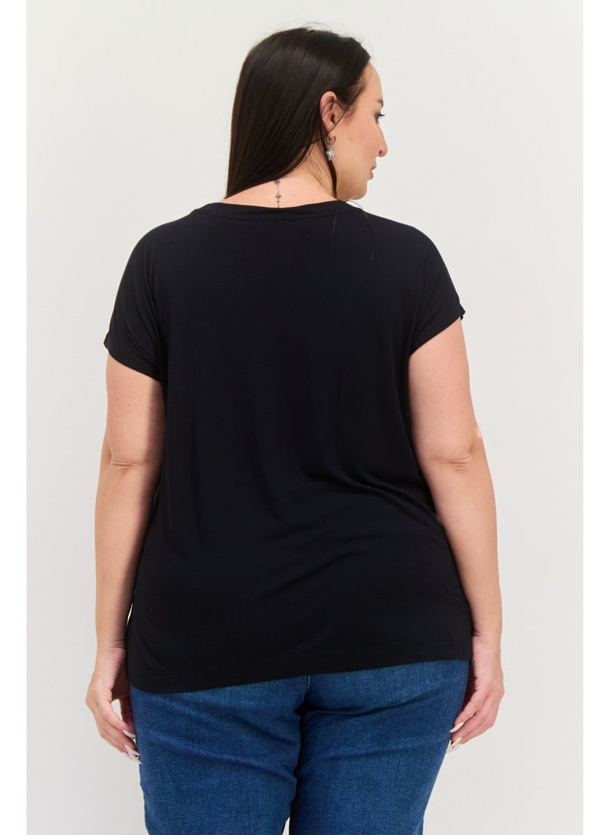 ESPRIT Women Round Neck Cap Sleeves Textured Top, Black  - Image 2