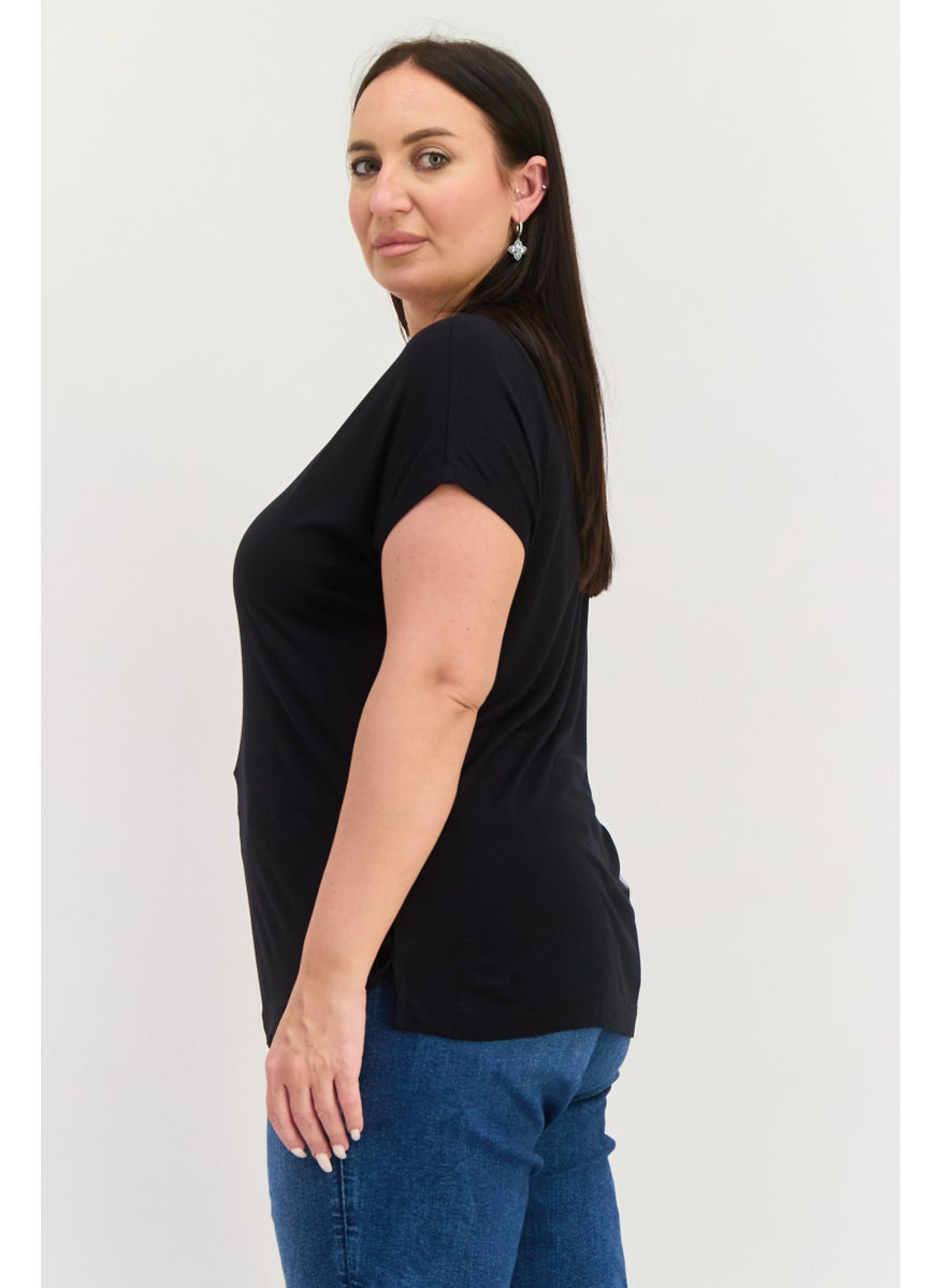 ESPRIT Women Round Neck Cap Sleeves Textured Top, Black  - Image 3