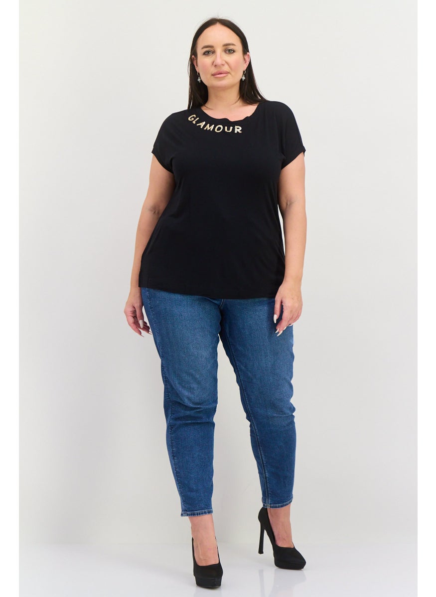 ESPRIT Women Round Neck Cap Sleeves Textured Top, Black  - Image 4