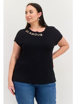 ESPRIT Women Round Neck Cap Sleeves Textured Top, Black  - Image 1