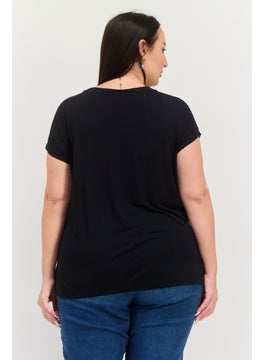 ESPRIT Women Round Neck Cap Sleeves Textured Top, Black  - Image 2
