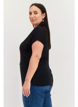ESPRIT Women Round Neck Cap Sleeves Textured Top, Black  - Image 3