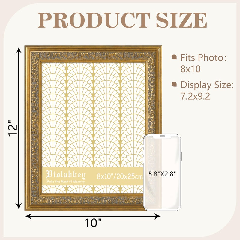 VIOLABBEY 8x10 Picture Frame Gold, Vintage Photo Frames Ornate without Mat for Tabletop or Wall Hanging - Image 2