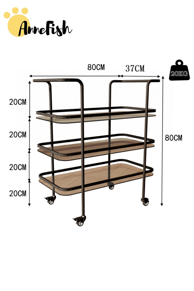 AnneFish 3 Tier Glass Rolling Serving Trolley Home Bar Serving Cart with Wheels and Storage Shelves Beverage Cart with Protective Rails for Kitchen Dining Living Room - Image 3