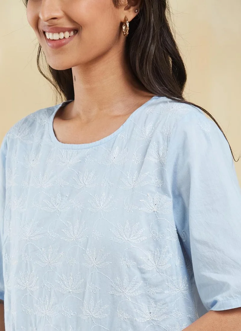 فاب انديا Blue Cotton Chikankari Short Top