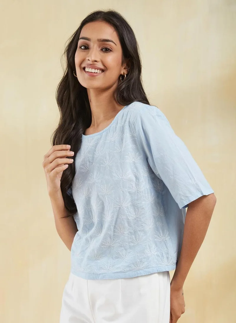 فاب انديا Blue Cotton Chikankari Short Top