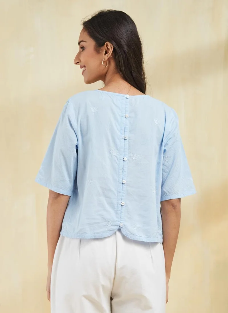 فاب انديا Blue Cotton Chikankari Short Top