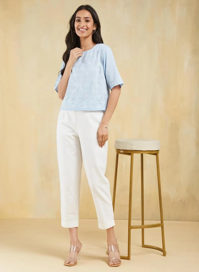 فاب انديا Blue Cotton Chikankari Short Top