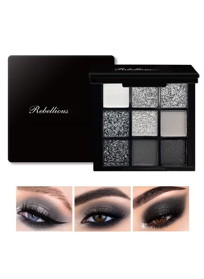 Rebellious Multi Colors Eyeshadow Palette ,Black Grey Silver Smokey Eyeshadow Palette, 9 Colors Cool Toned Matte Glitter Eyeshadow Palette Longlasting Waterproof Eye Shadow for Girls and Women - Image 2