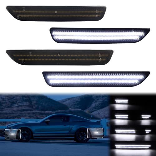 FetonAuto Dynamic Sequential White LED Side Marker Lights for Ford Mustang 2010 2011 2012 2013 2014 Front Rear Bumper Reflector Indicator Assembly, Smoked Lens - Image 1