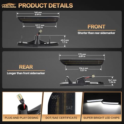 FetonAuto Dynamic Sequential White LED Side Marker Lights for Ford Mustang 2010 2011 2012 2013 2014 Front Rear Bumper Reflector Indicator Assembly, Smoked Lens - Image 3