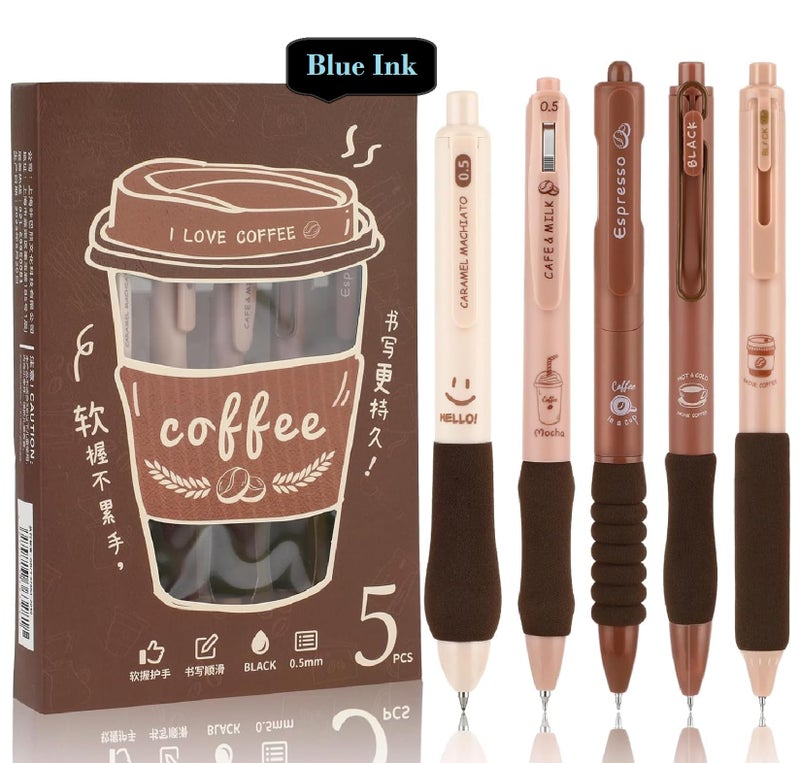 Shuttle Art 5 Pcs Coffee Theme Pen Set 0.5mm Blue Ink Retractable Pens with Soft Rubber Grip | Fine Point Smooth Writing Pens for Journaling, School, Office & Stationery Lovers - Image 1
